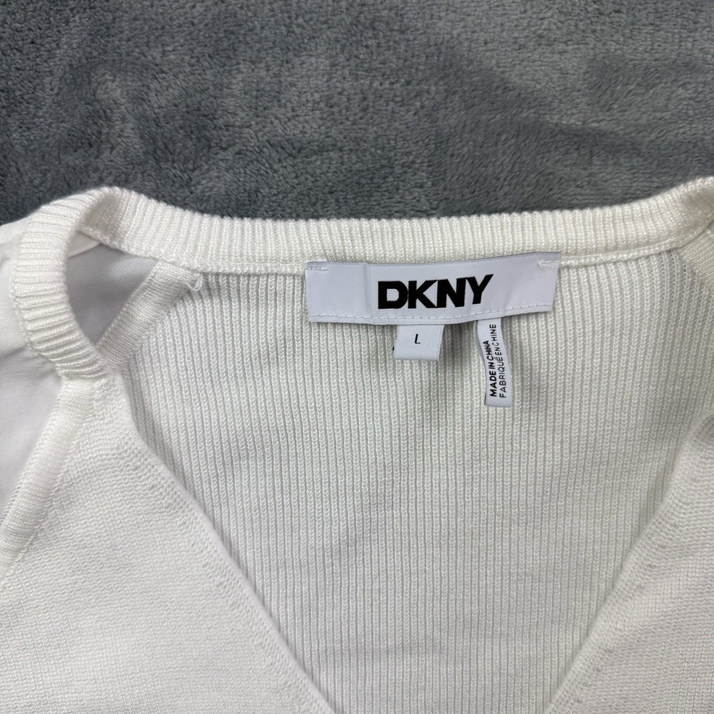 DKNY Women's White Rib Knit Sweater Sheer Satin Puff Sleeve V-Neck Size Large - Picture 2 of 6